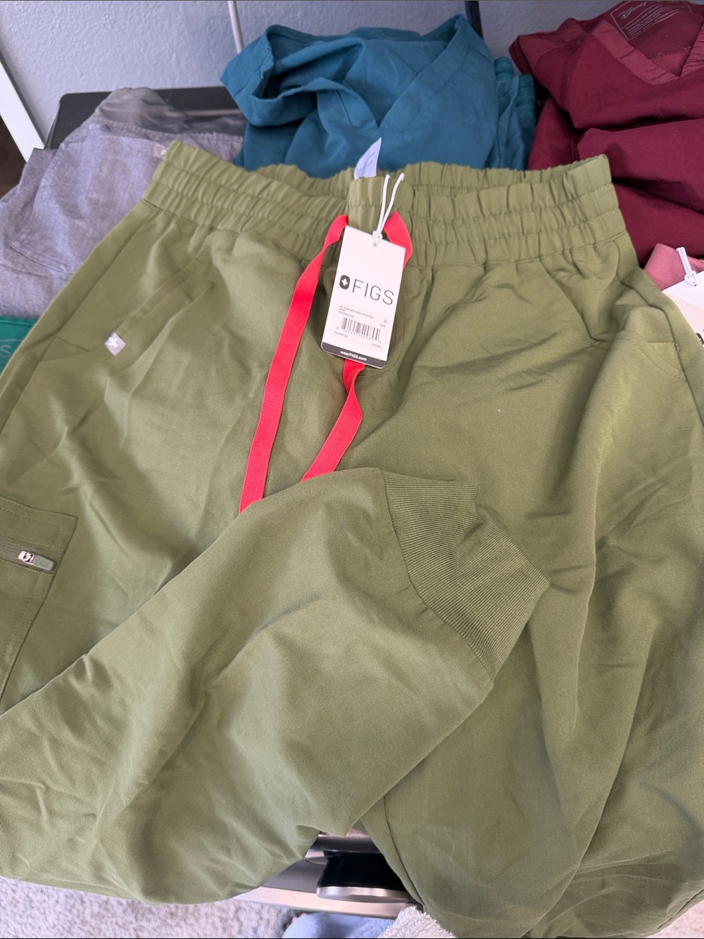 FIGS Olive Green Joggers with Pink Drawstring